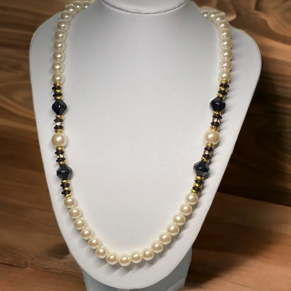 Vintage Pearlescent Necklace‎ Faux Pearls with Black and Gold Accents Costume